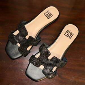 Bibi Lou Leather Rhinestones Slipper, Size 6, Black